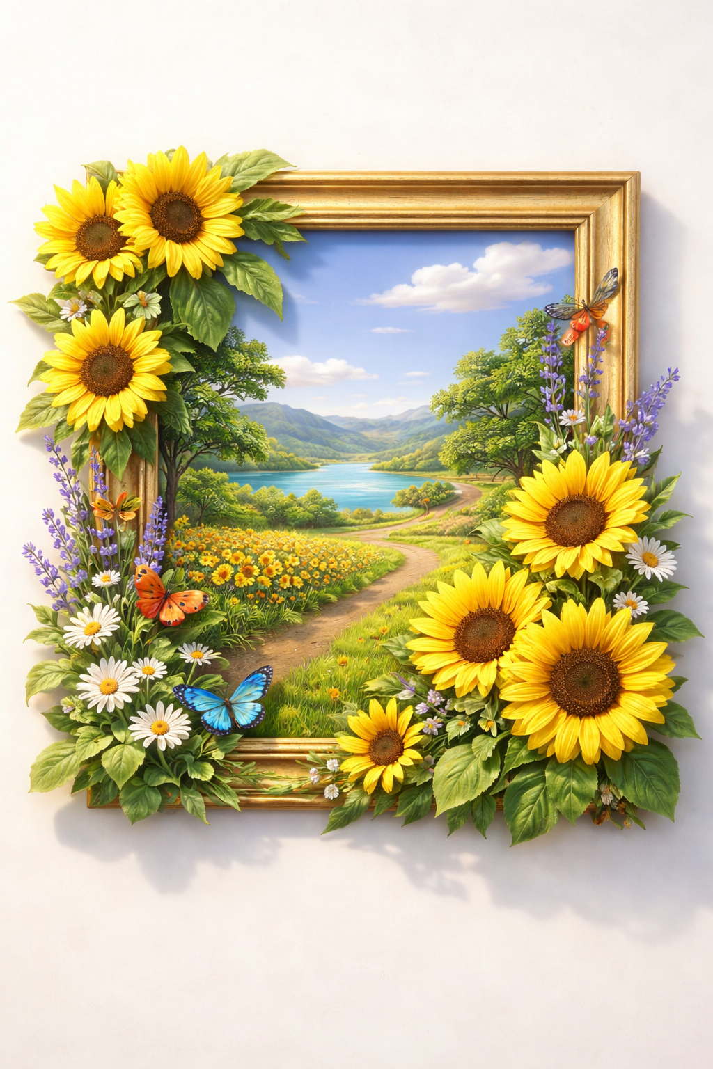 UV-Direktdruck Wand — Sonnenblumen-Mural mit fotorealistischer Bergsee-Landschaft