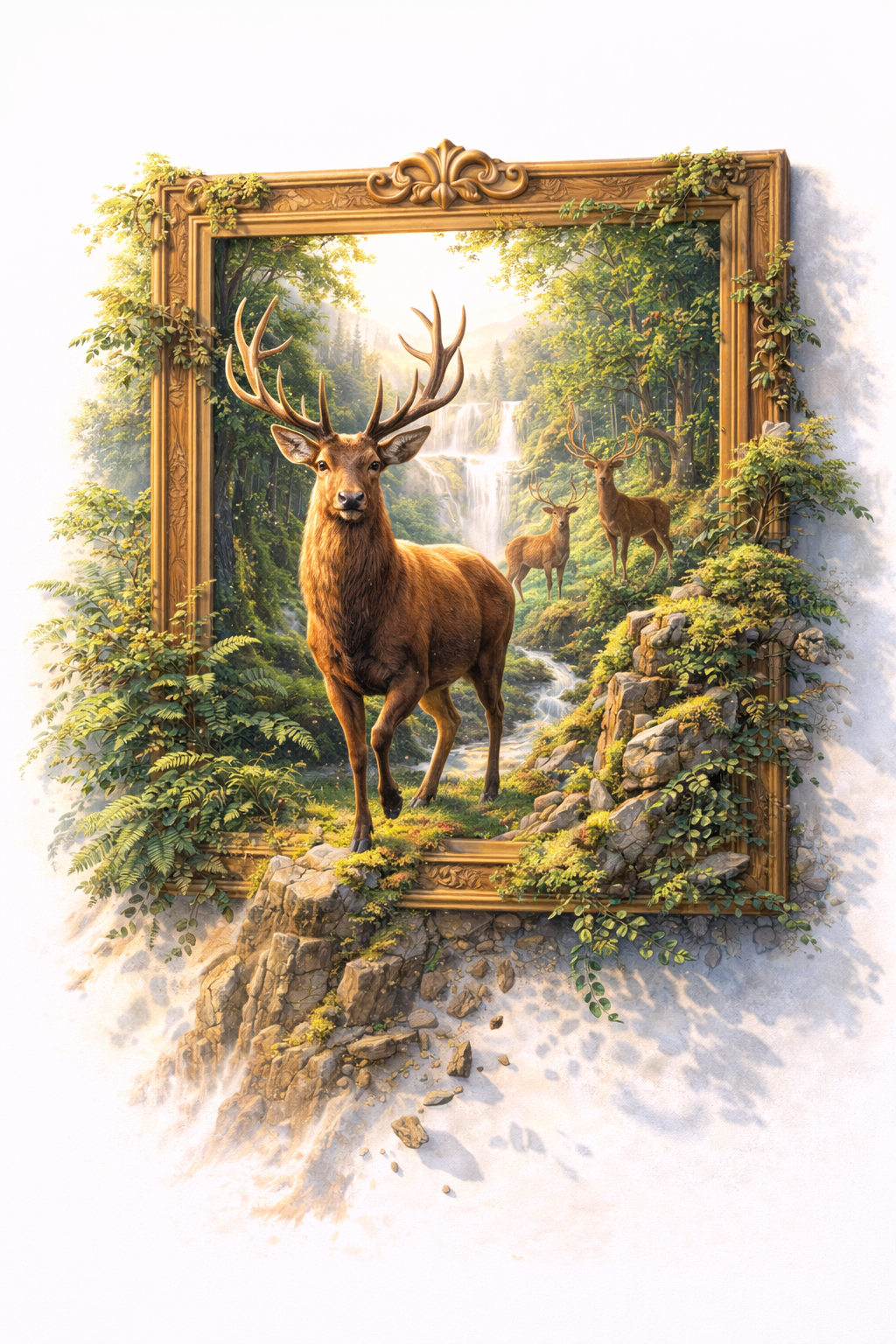Fotorealistisches 3D-Hirsch-Wandbild im Wald — UV-Direktdruck mit Tiefeneffekt