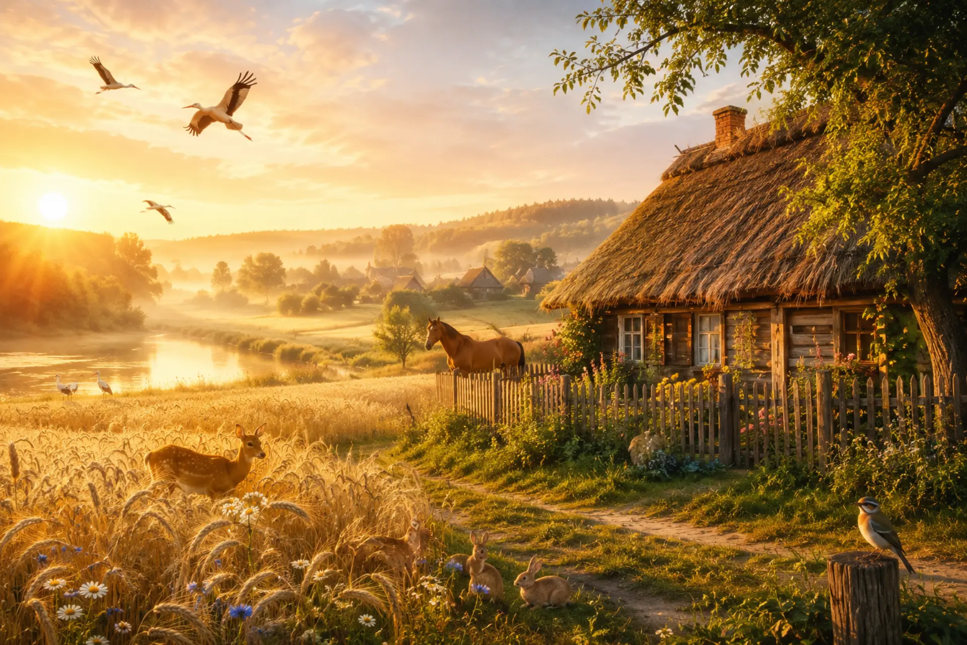 Fotorealistischer 3D-Wanddruck — Dorf im Morgenlicht, Beispielmotiv — Swiss 3D Surface