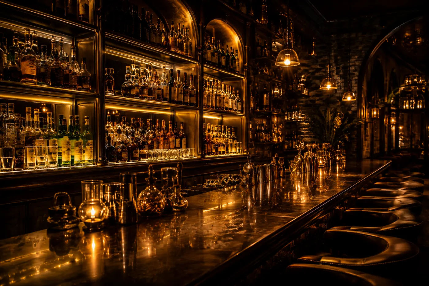 Dunkle Bar im warmen Licht — Beispielmotiv Wand für Bar und Lounge