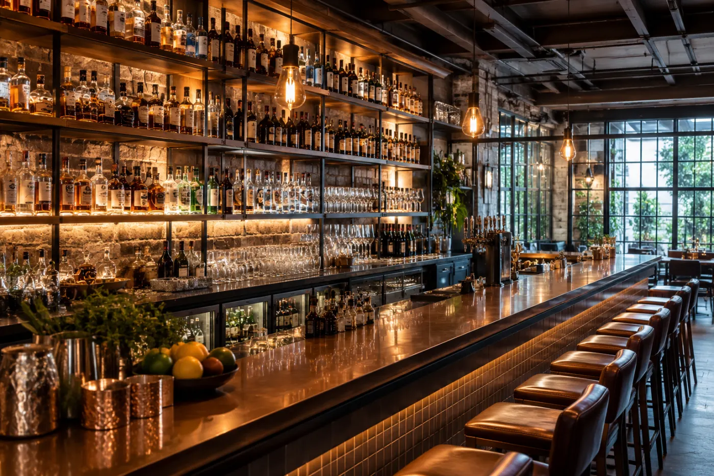 Helle Bar mit Fensterfront — Beispielmotiv Wand für Café und Bistro