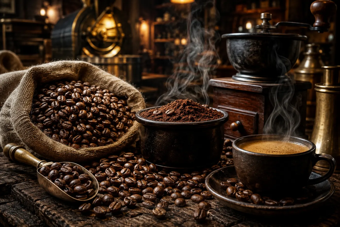 Kaffeerösterei mit Bohnen und Mühle — Beispielmotiv Wand für Café und Bar
