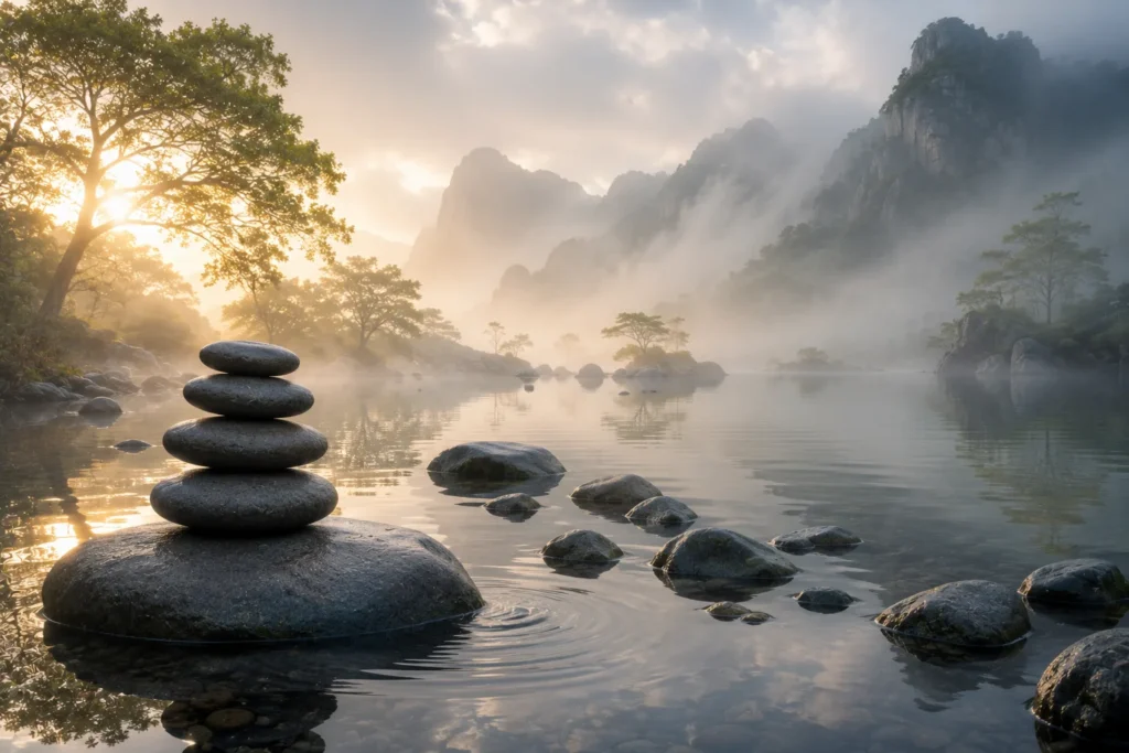 Zen-Steine im Nebelsee — Beispielmotiv Wand