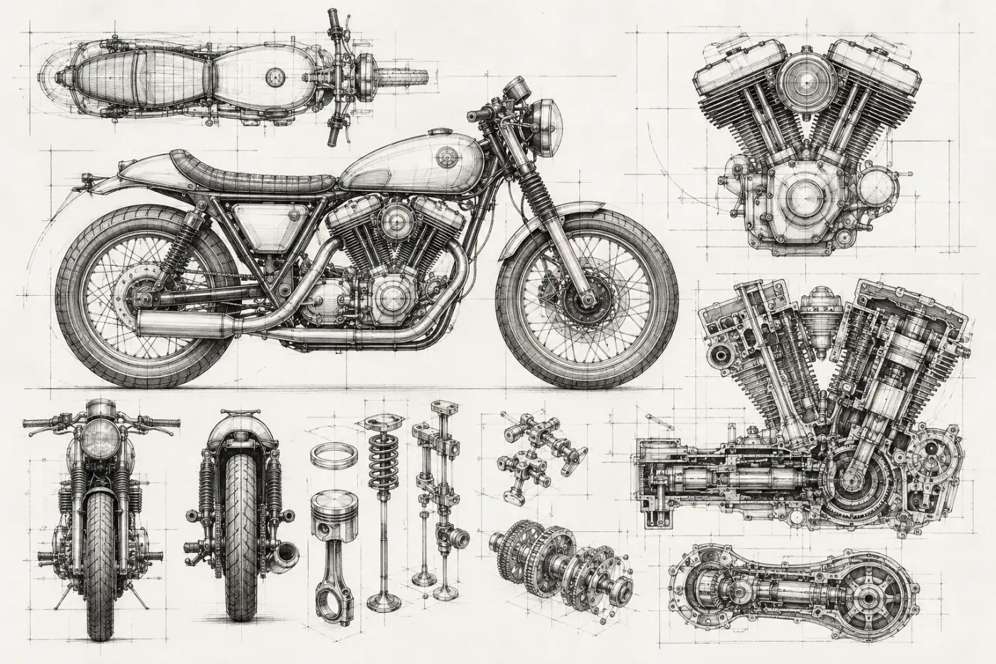 Café-Racer-Motorrad, technische Skizze — Swiss 3D Surface