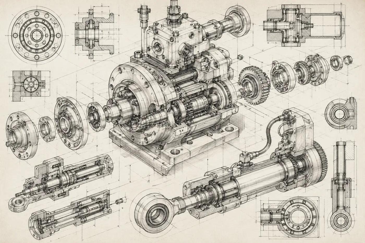 Industrie-Hydraulik, technische Skizze — Beispielmotiv Wand