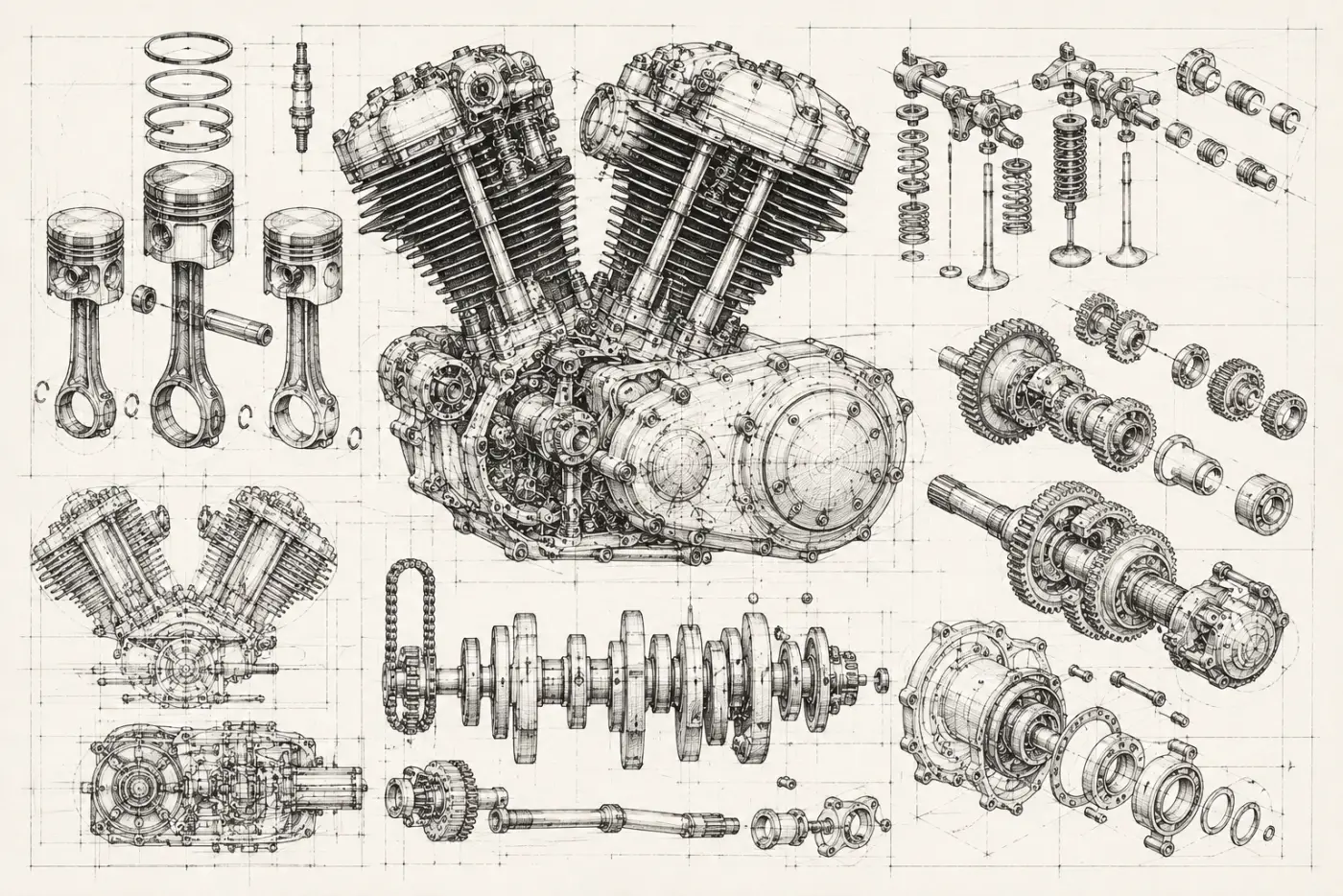 V2-Motor, technische Skizze — Swiss 3D Surface