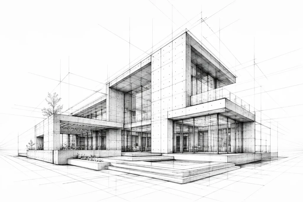 Villa, Architekturskizze Perspektive — Beispielmotiv Wand
