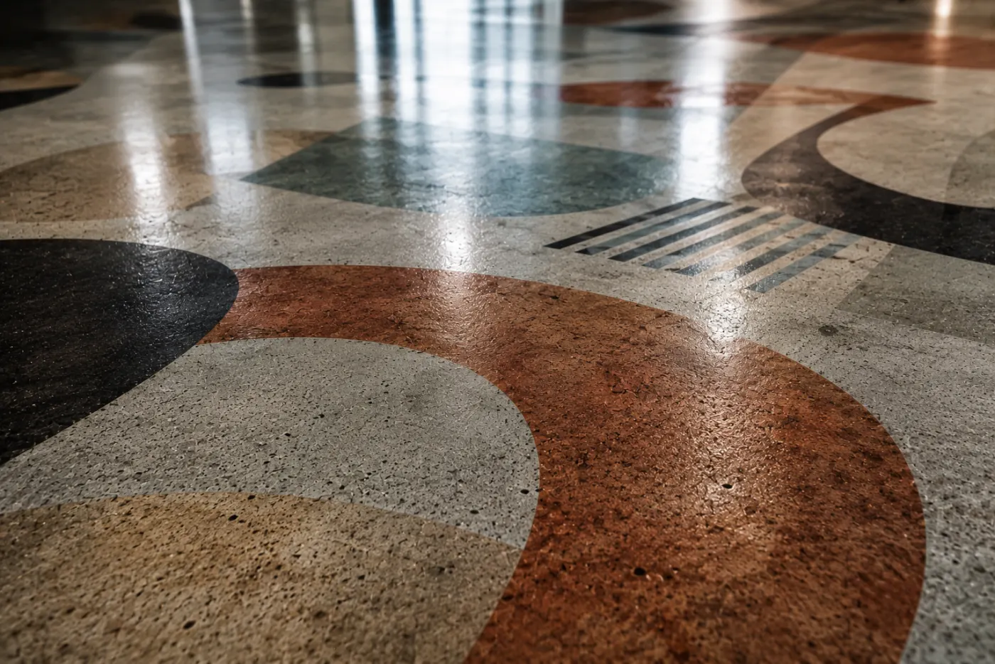 Terrazzo-Boden mit geometrischem Muster, Makroaufnahme — Bodendruck