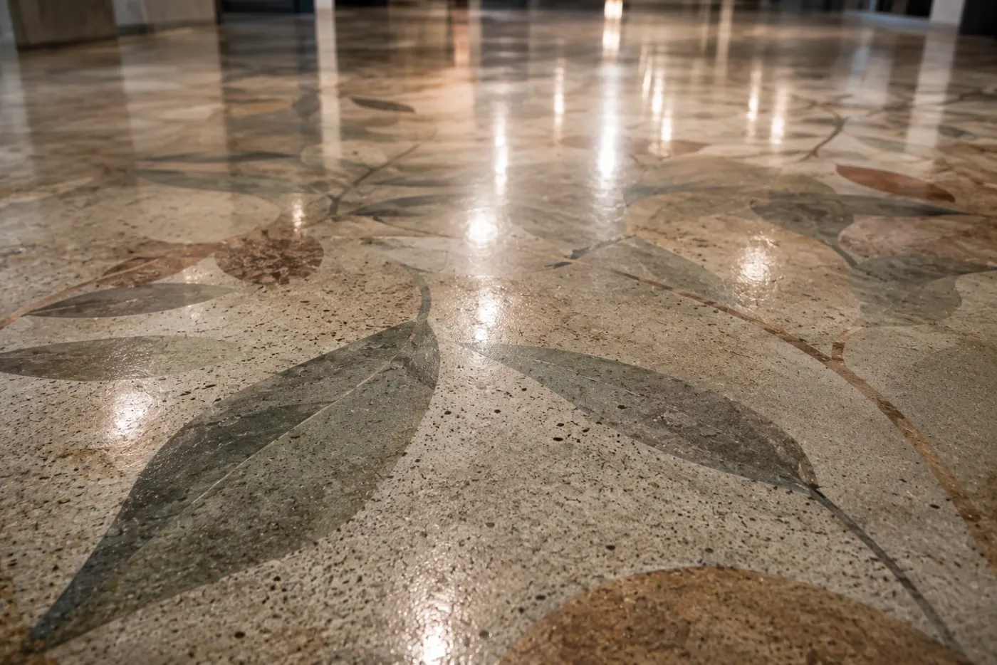 Terrazzo-Boden mit Blattmotiv — Bodendruck