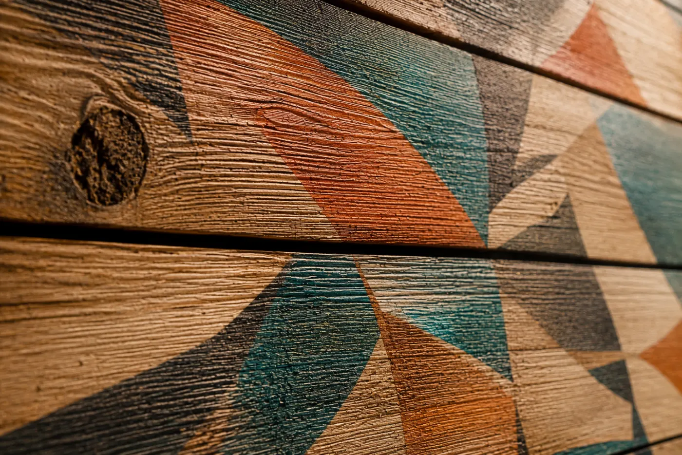 Geometrisches Farbmotiv auf Holzdielen, Makroaufnahme — feines Relief im Direktdruck