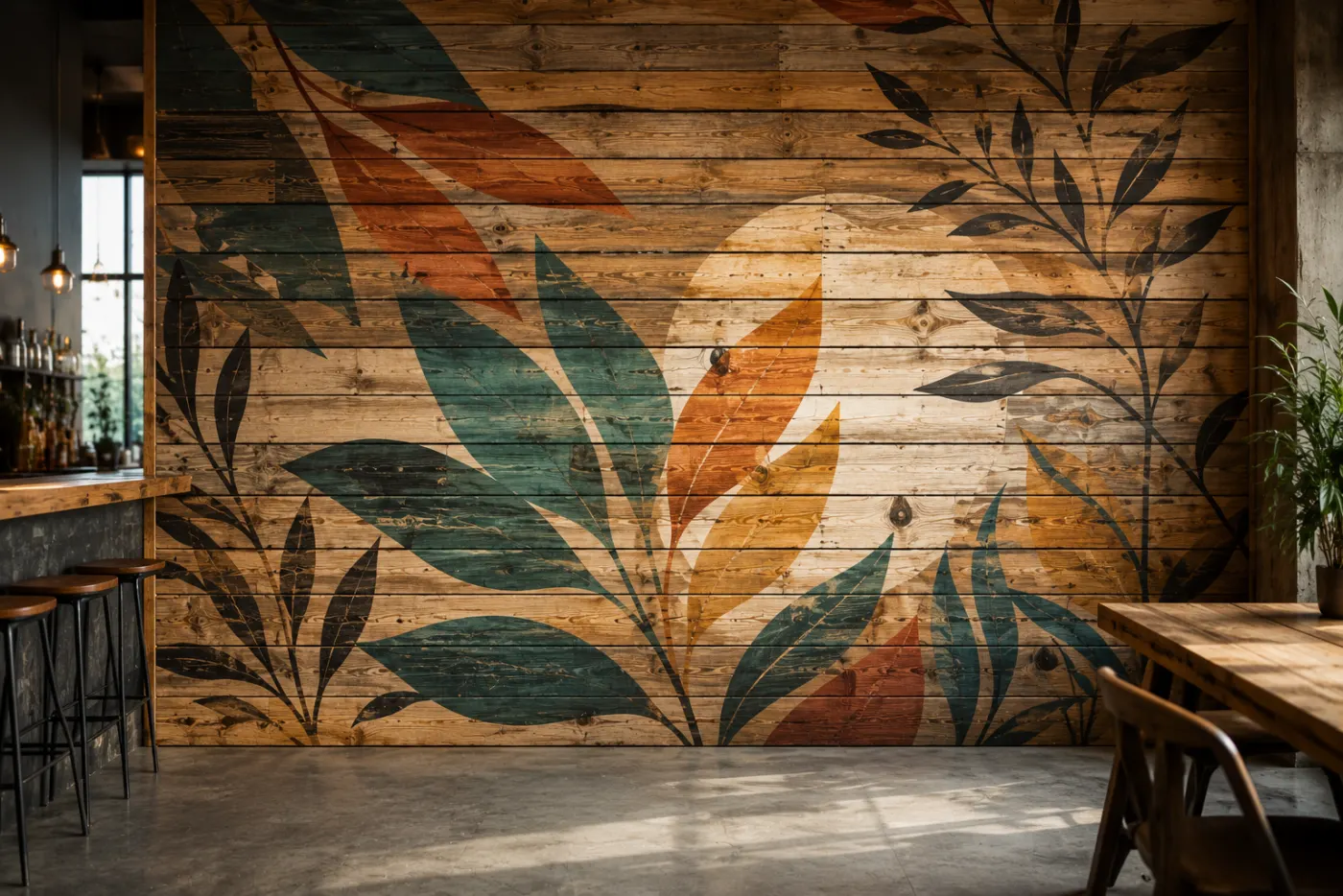 Botanisches Motiv auf Holzwand im Restaurant — Direktdruck auf Holz