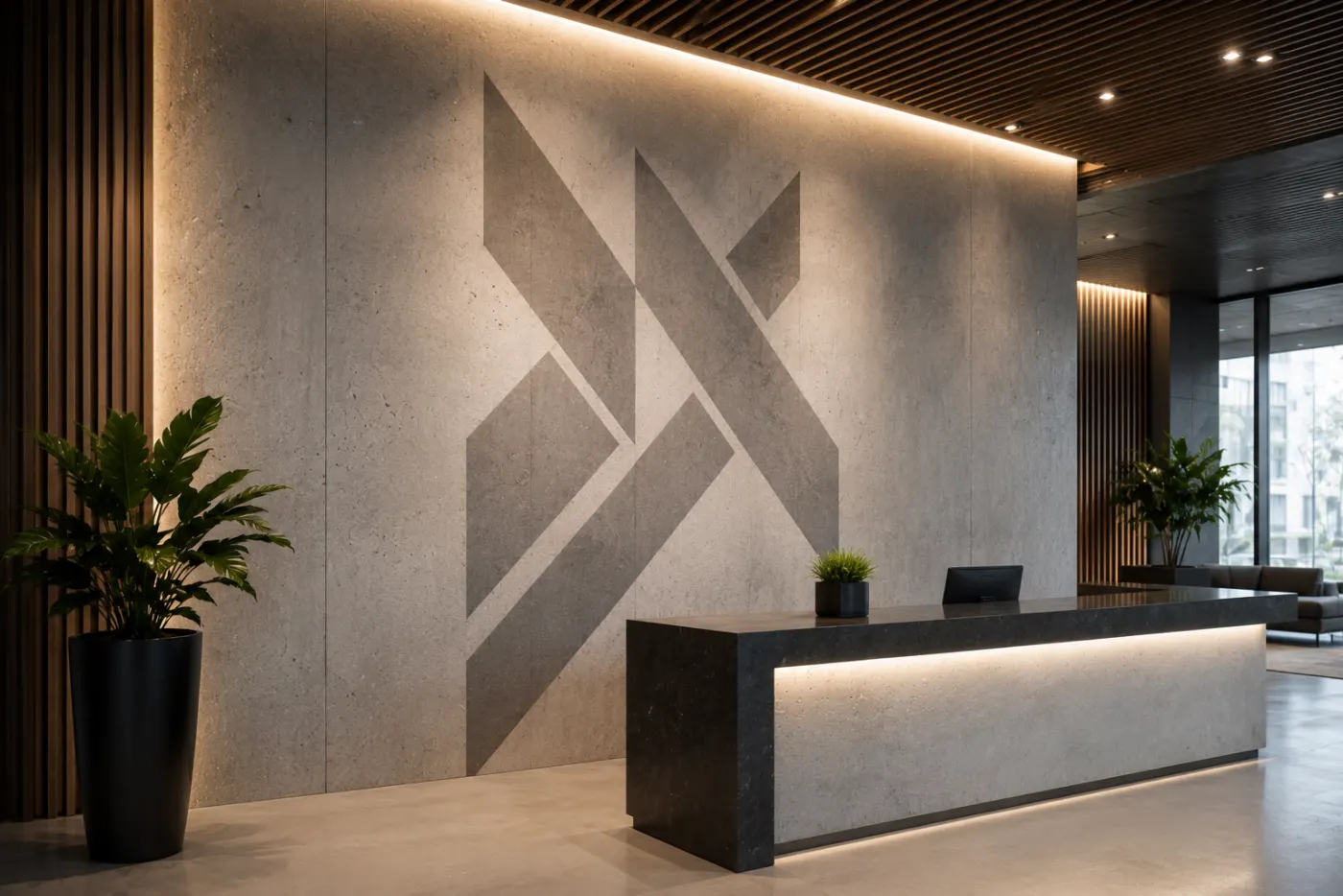 Geometrisches Steinrelief in der Hotellobby